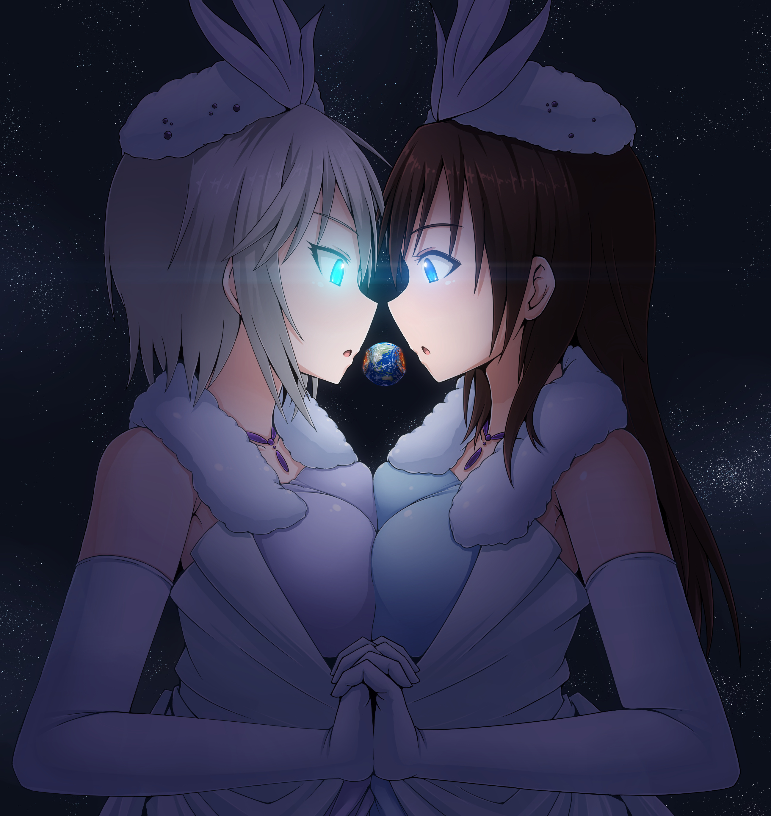 Effectively the same image as above, only their eyes are glowing less intensely.  The hue is swapped between the two here: Anastasia's are more cyan while Minami's are more sky blue.